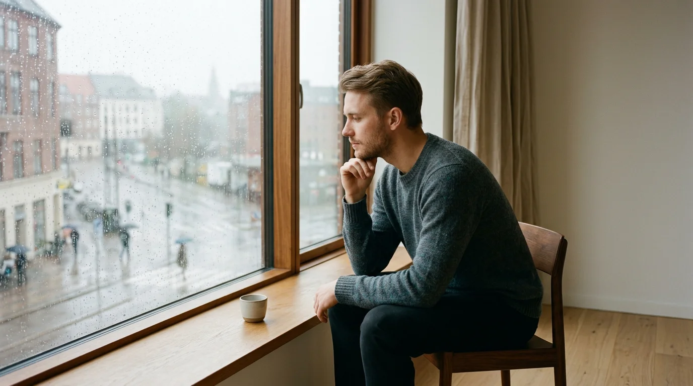 Eftertænksom ung mand ved et vindue i dæmpet lys — symbol på ansvarligt spil og ROFUS-selvudelukkelse